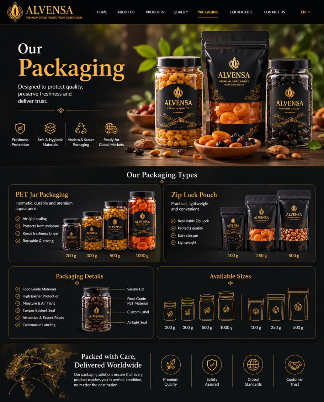 ALVENSA PET jar and zip lock pouch packaging range