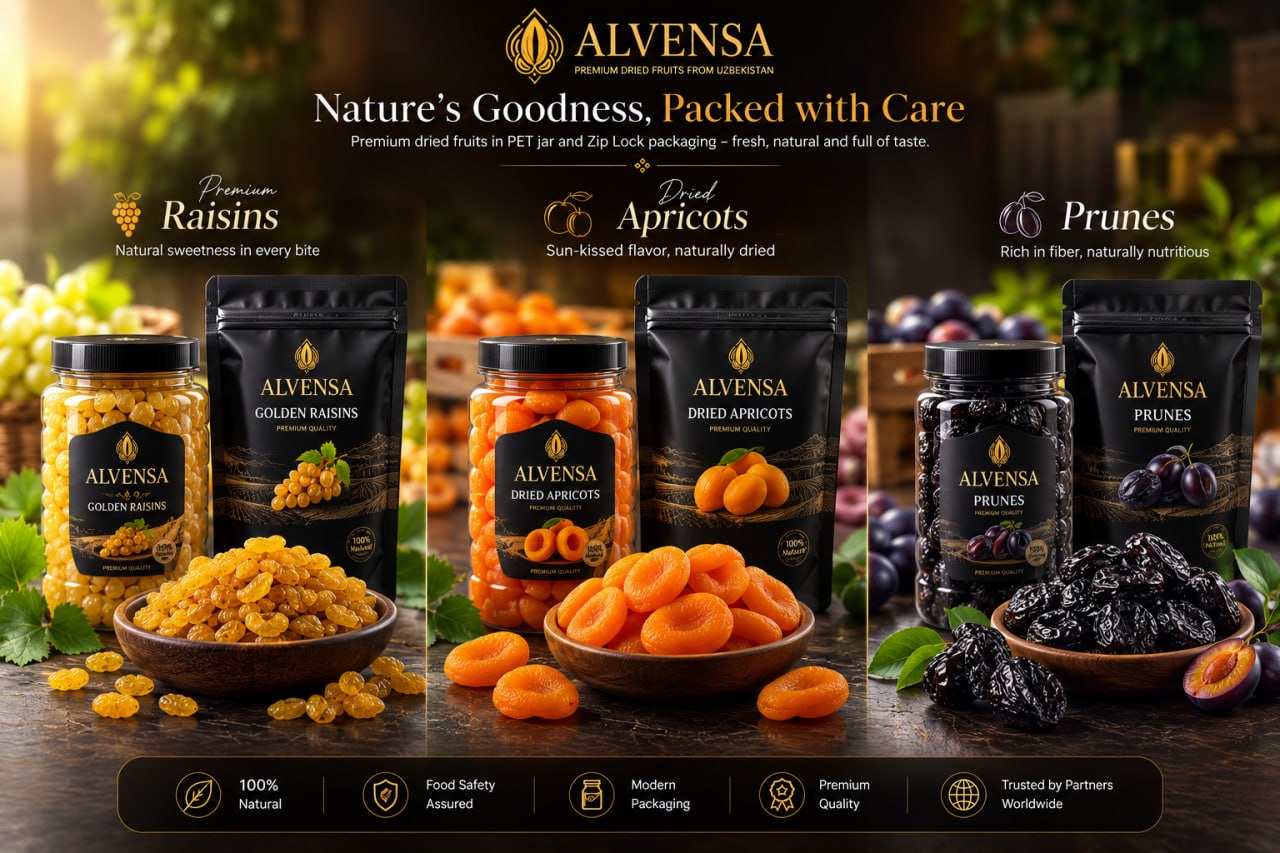 ALVENSA golden raisins, dried apricots and prunes in PET jars and zip pouches